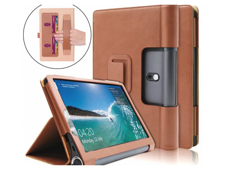 Чехол бизнес класса для lenovo yoga smart tab yt-x705f 64gb с визитницей и держателем для руки коричневый нату..
