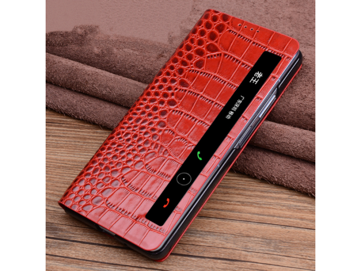 Чехол-кейс с фактурной прошивкой рельефа кожи крокодила для huawei mate x2 с боковым окном  красный..