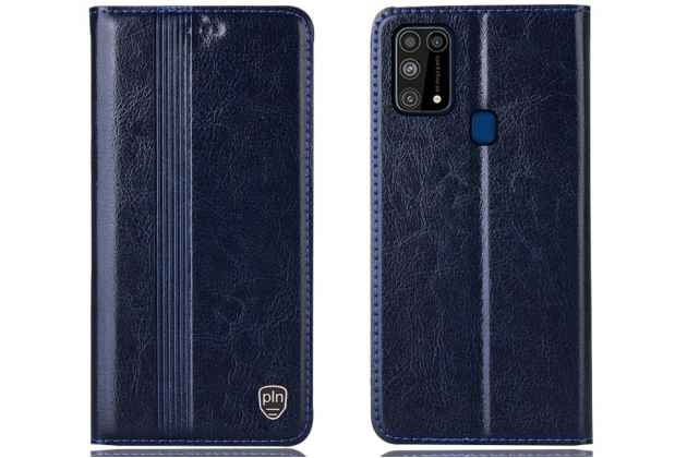 Чехол-книжка mypads premium для samsung galaxy m31 sm-m315 (2020) из качественной натуральной мраморной кожи буйвола прошитый элегантной прострочкой синий с магнитной крышкой. 